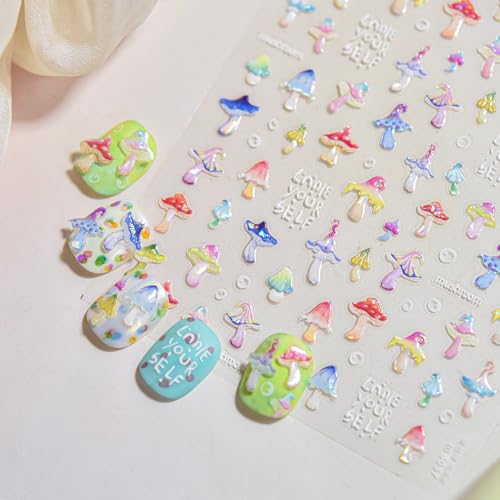 5D Embossed Mushroom Nail Art Stickers Colorful Summer Manicure Decals