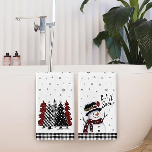 KORVITA Christmas Hand Towels 2-Piece Set, White Snowman Holiday Decor