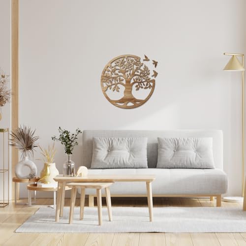 12-Inch Wooden Tree of Life Wall Art - Round Boho Home Decor with 3 Birds