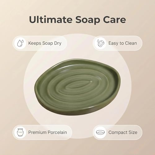 Ceramic Soap Dish with Swirl Grooves - Easy-Clean Green Holder