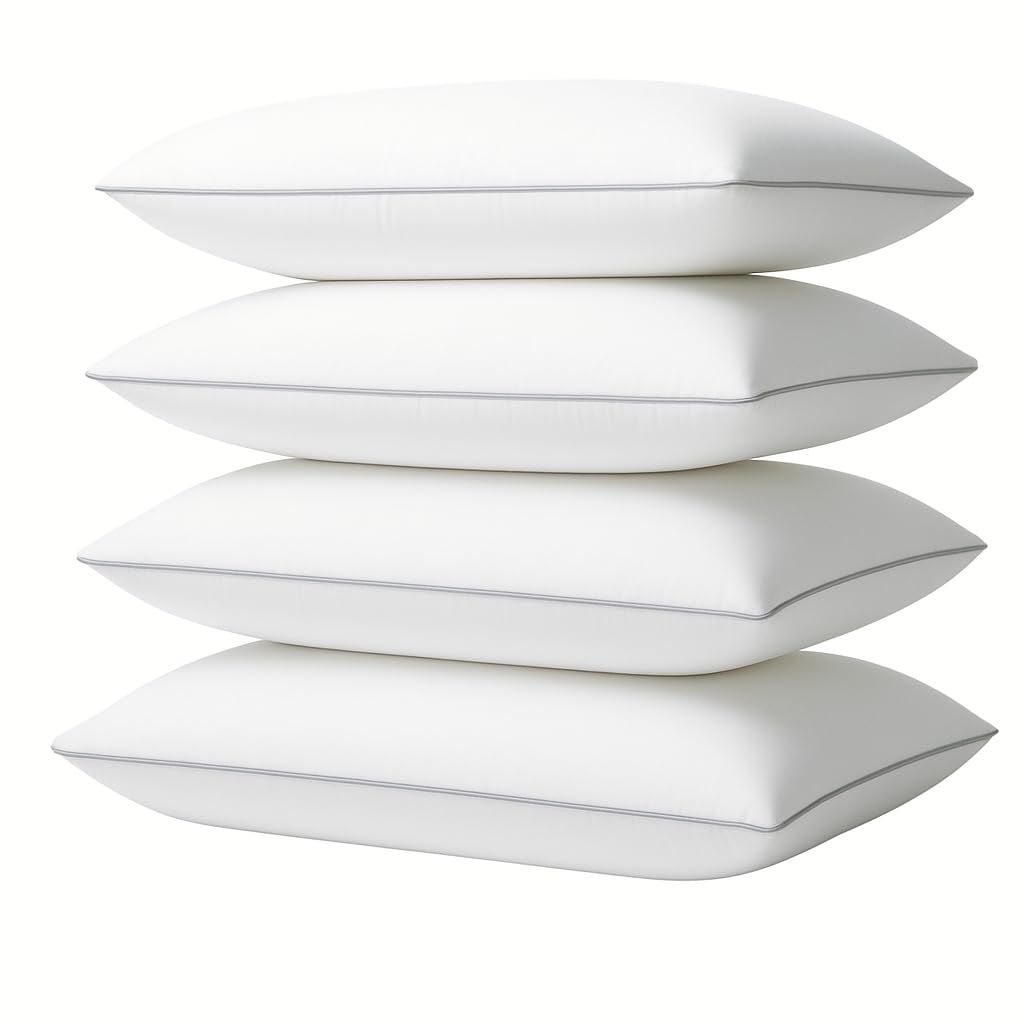 4 Pack Queen Size Bed Pillows for Sleeping – Soft & Supportive Down Alternative Pillows with Gray Piping, Easy to Wash, Hypoallergenic Sleeping Pillows for Side and Back Sleepers