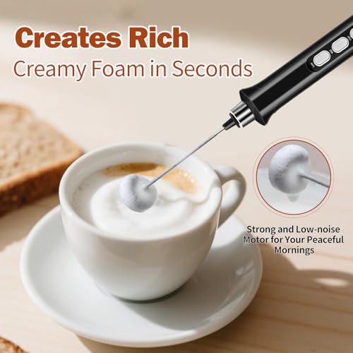Rechargeable Handheld Milk Frother with 3 Speed Settings & Detachable Stainless Steel Whisks