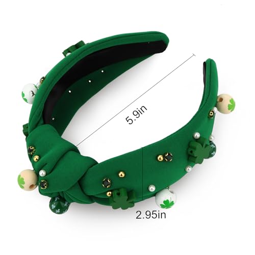St Patrick's Day Green Top Knot Headband with Shamrock Beads & Pearls