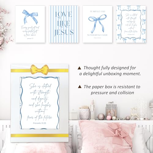 Blue Bow Wall Art Set - 4PCS Bible Verse Posters for Bedroom Decor