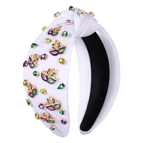 CEALXHENY Mardi Gras Crystal Knotted Headband Crown Mask Hair Accessory