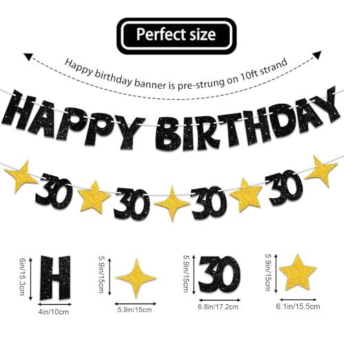 Happy 30th Birthday Banner, Black and Gold Pre-Strung Party Decoration