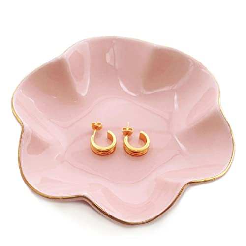HANKOR Ceramic Jewelry Dish, 4.7-Inch Pink Trinket Tray with Gold Trim