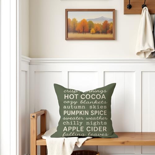 PANDICORN Fall Throw Pillow Cover, Olive Green Autumn Leaves, 18x18 Inch