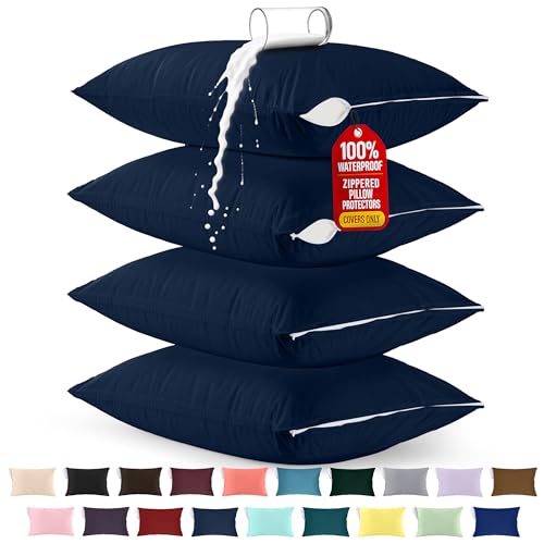Utopia Bedding Queen Pillow Protectors - Waterproof Zippered Covers, Navy (4-Pack)