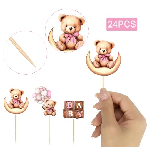 24 Pink Bear Cake Toppers for Baby Shower & Birthday Parties