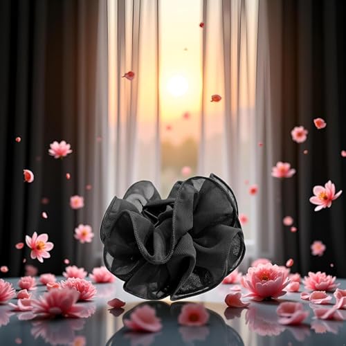 Black Large Chiffon Hair Bow Claw Clip with Rose Fabric Ribbon