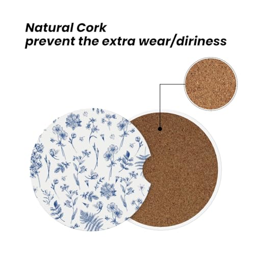 Vintage Blue Flower Car Coasters - 2 Pack Ceramic Cup Holder Accessories