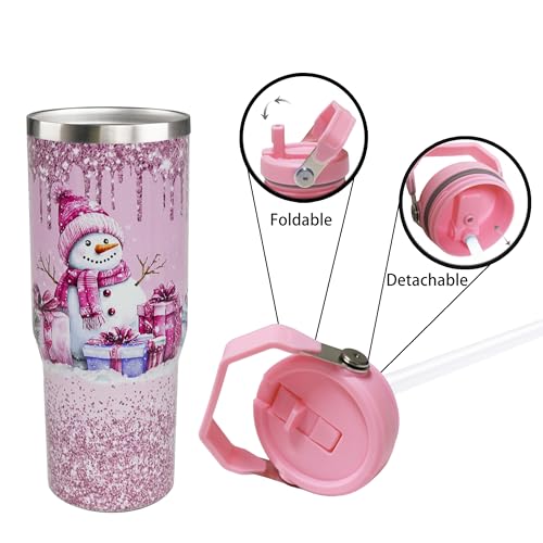 Pink 30oz Christmas Tumbler with Handle & Straw - Snowman Insulated Drinkware