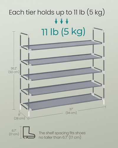 SONGMICS Grey 5-Tier Shoe Rack, 37-Inch Shoe Storage Organizer for Closet & Entryway