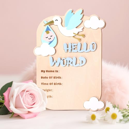 Hello World Wooden Newborn Welcome Sign for Baby Birth Announcement