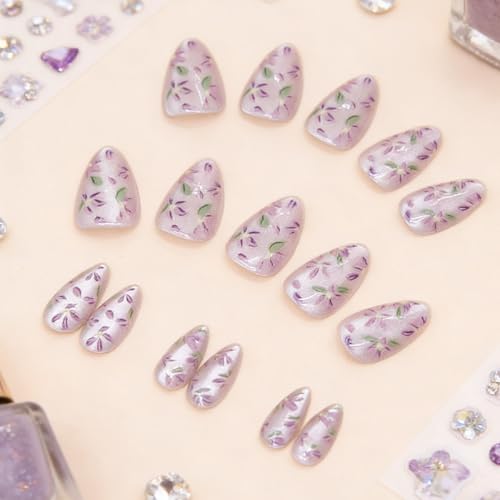 Short Almond Press On Nails Purple Floral Glitter Glossy False Nails