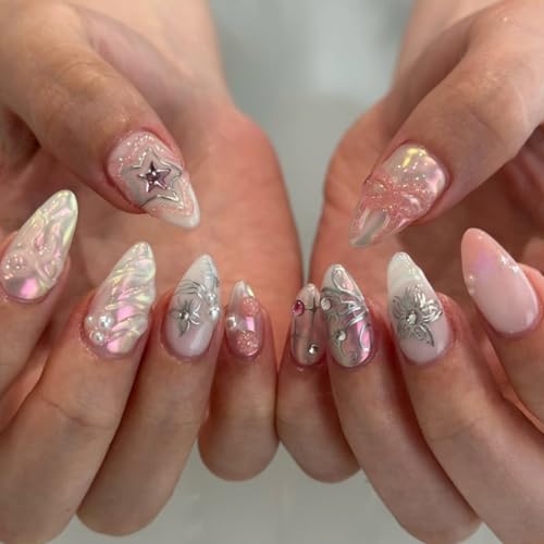Medium Almond Press on Nails with Bow Star Pearl and Rhinestone Designs - 24 Pcs Acrylic Fake Nails