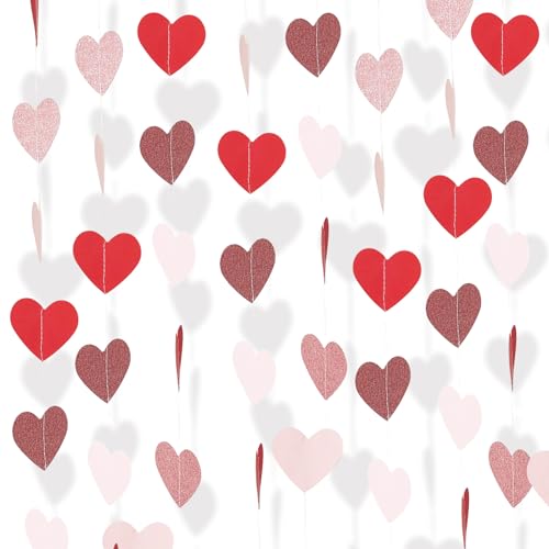39.2FT Pink Red Glitter Heart Garland - Perfect for Celebrations