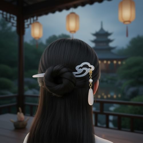 Chinese Acetate Jade Hair Stick with Tassel Flower Pendant for Updos