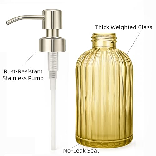 18 Oz Ribbed Glass Soap Dispenser with Rust-Proof Stainless Steel Pump - Refillable Bathroom & Kitchen Bottle, Gold