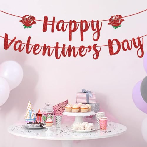Glitter Happy Valentine's Day Banner - Festive Party Decor