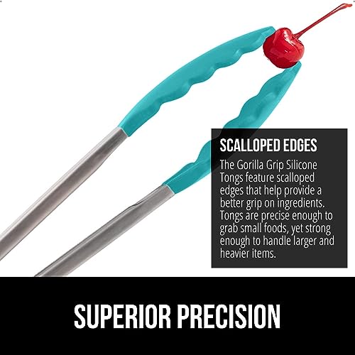 GORILLA GRIP Stainless Steel Kitchen Tongs, 9" & 12" Set, Turquoise