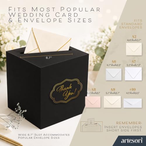 Artesori Black Wedding Card Box with Slot - 8x8" Gift & Envelope Holder
