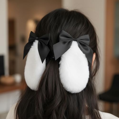 Tustao Plush Bunny Ear Hair Clips with Bow-Knot Lop Ears Cosplay Headwear