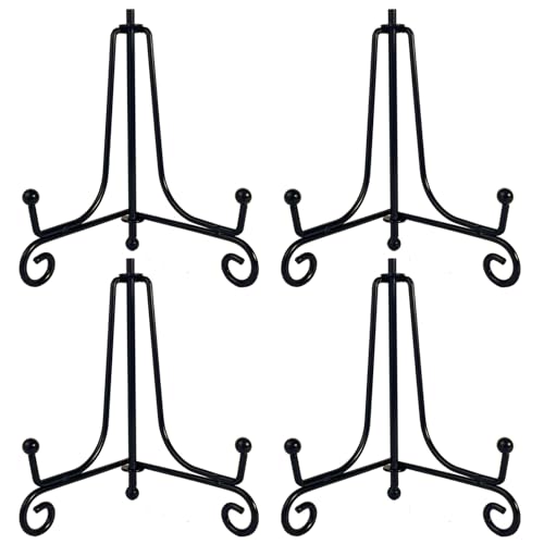 HENABLE 4-Inch Decorative Black Iron Plate Stands - 4 Pack Mini Easel Holders for Plates, Frames, and Cards