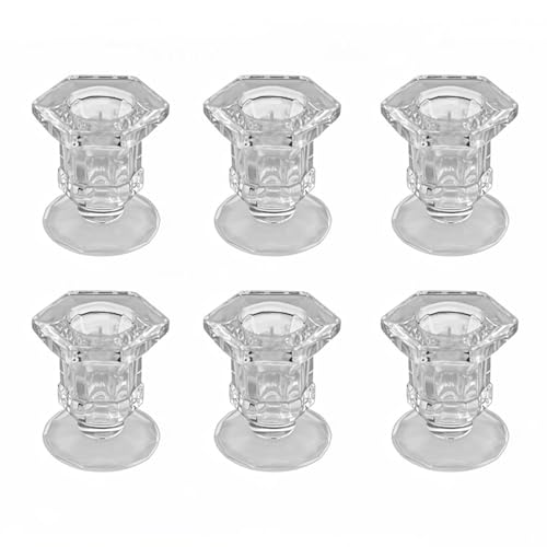 Set of 6 Clear Glass Candlestick Holders for Taper Candles