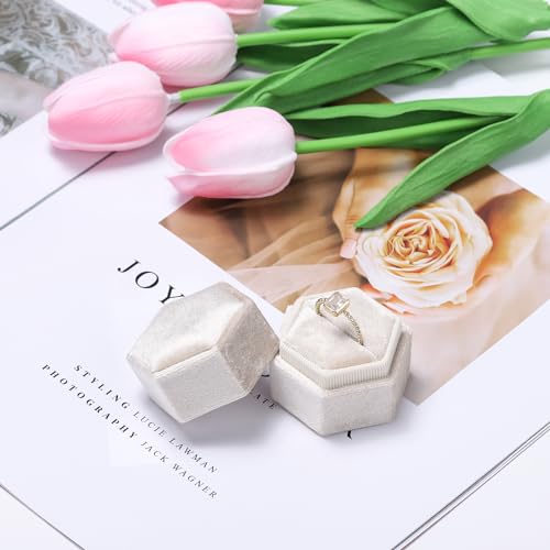 Etercycle Hexagon Velvet Ring Box - 1 Slot Beige Jewelry Display Holder