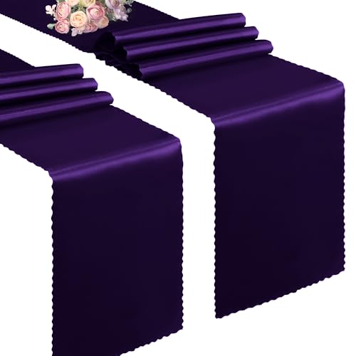 Purple Satin Table Runners 12x72 Inch - 2 Pack with Scalloped Edge