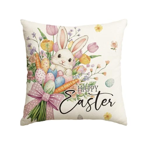 Happy Easter Bunny Flowers Throw Pillow Cover - 18x18 Inch