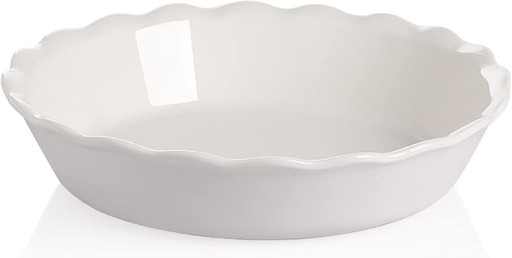 Sweejar Ceramic Pie Pan - 10-Inch Non-Stick Baking Dish with Soft Wave Edge for Delicious Pies | White
