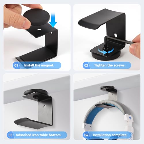 Black Aluminum Magnetic Headphone Holder with Rubber-Coated Magnet - Supports Up to 30 lbs