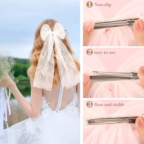 GAFATORY Pearl Hair Bow with Veil - White Bridal Tulle Hair Clip