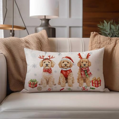 Golden Red Christmas Pillow Cover 12x20 Inch Holiday Dog Decor for Sofa & Couch