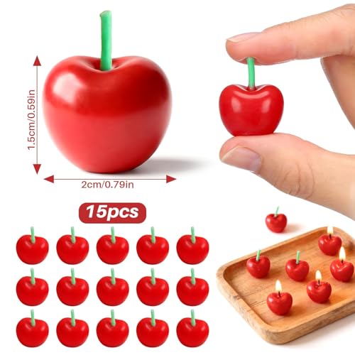 15 Pcs Cherry Birthday Candles - Mini Fruit Shaped Cake Toppers