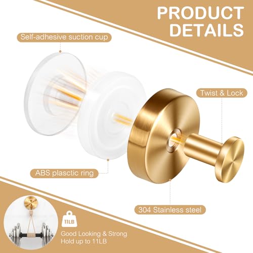 Gold Suction Cup Hooks - Heavy Duty Bathroom Shower Hooks for Towels & Robes