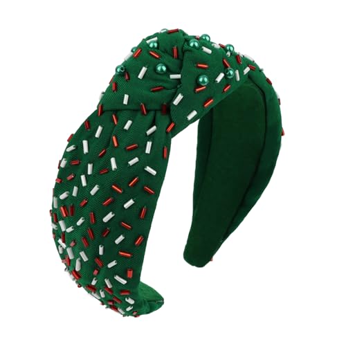 YISSION Green Christmas Knotted Headband - Beaded & Sequined Wide Hair Hoop