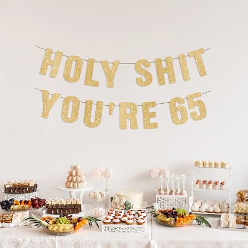 65th Birthday Party Banner - Gold Glitter 65 Years Old Decoration Sign