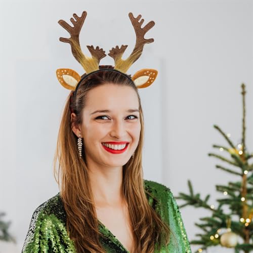 Beviliu Deer Antlers Headband - Fluffy Reindeer Ears for Christmas Costume