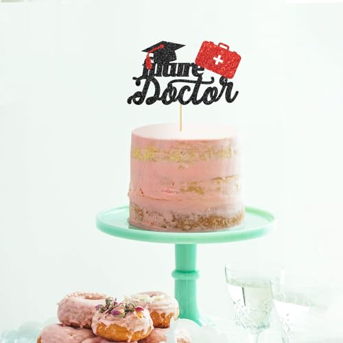 Future Doctor Graduation Cake Topper - Black Red Glitter Decoration