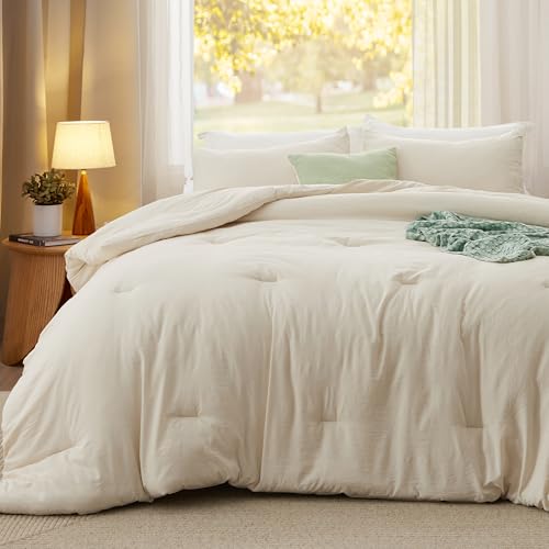 Queen Comforter Set - Cream Bedding, Prewashed Soft Cozy 90x90 Inches - Bedsure