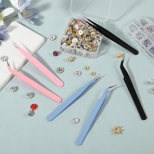 JJUNW 6PCS Stainless Steel Precision Tweezers Set with Protective Caps