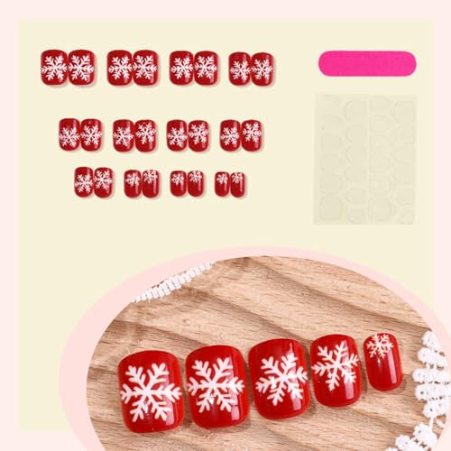 Christmas Press on Nails Short Square False Nails Red Snowflake Design