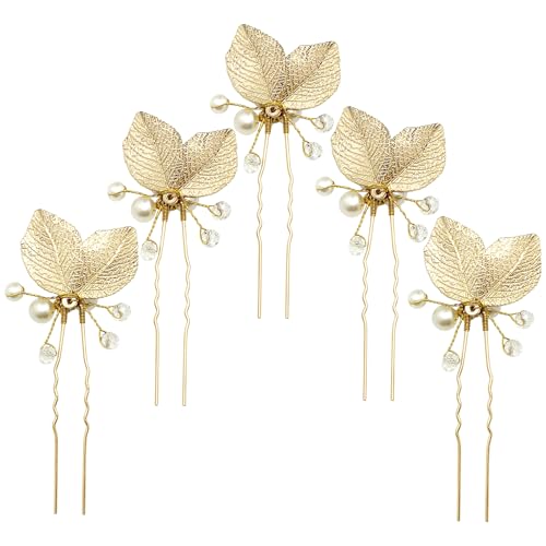 BETITETO Gold Pearl Wedding Hair Pins 5pcs - Crystal Leaf Bridal Hair Pieces