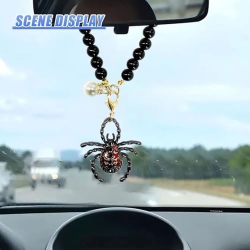 Spider Car Rearview Mirror Ornament Gothic Pearl Chain Pendant Red