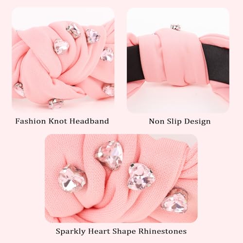 CURASA Pink Knotted Headband with Rhinestones Valentine Hair Accessory