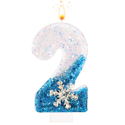 Glitter Snowflake Number Birthday Candles 0-9 - Blue & White